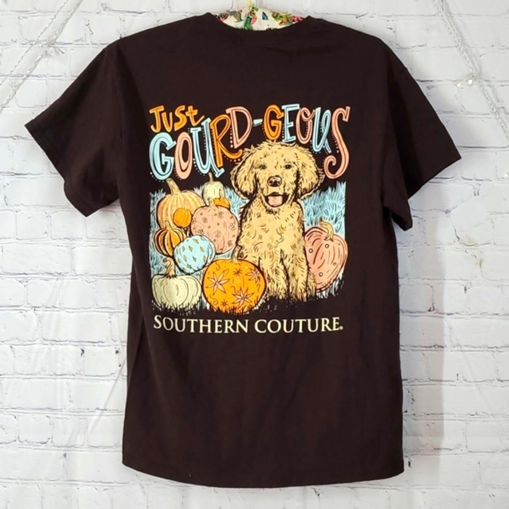 Southern Couture Labrador Retreiver Doodle Dog Fall Pumpkin Print Brown Tee Sz M - Picture 1 of 13